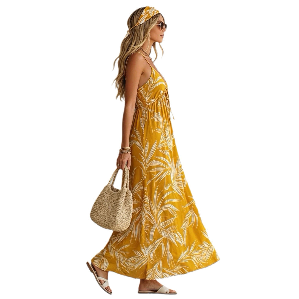 Summer New Vacation Style Printed V-Neck Strap Long Dress for Women Beach Dress