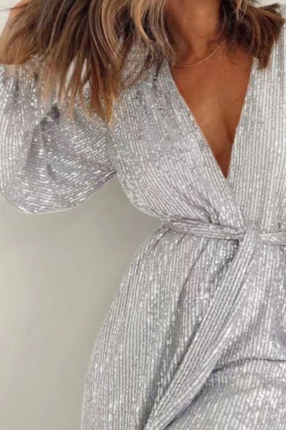 Full Size Sequin Surplice Tie Waist Long Sleeve Romper