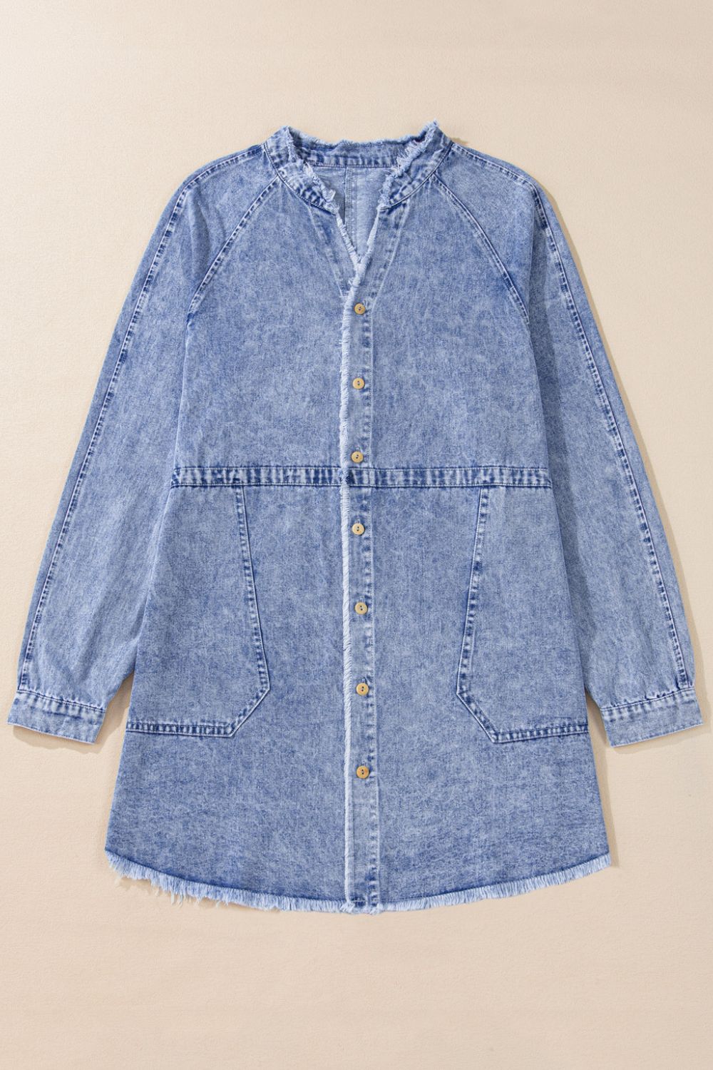 Raw Hem Button Down Long Sleeve Denim Dress