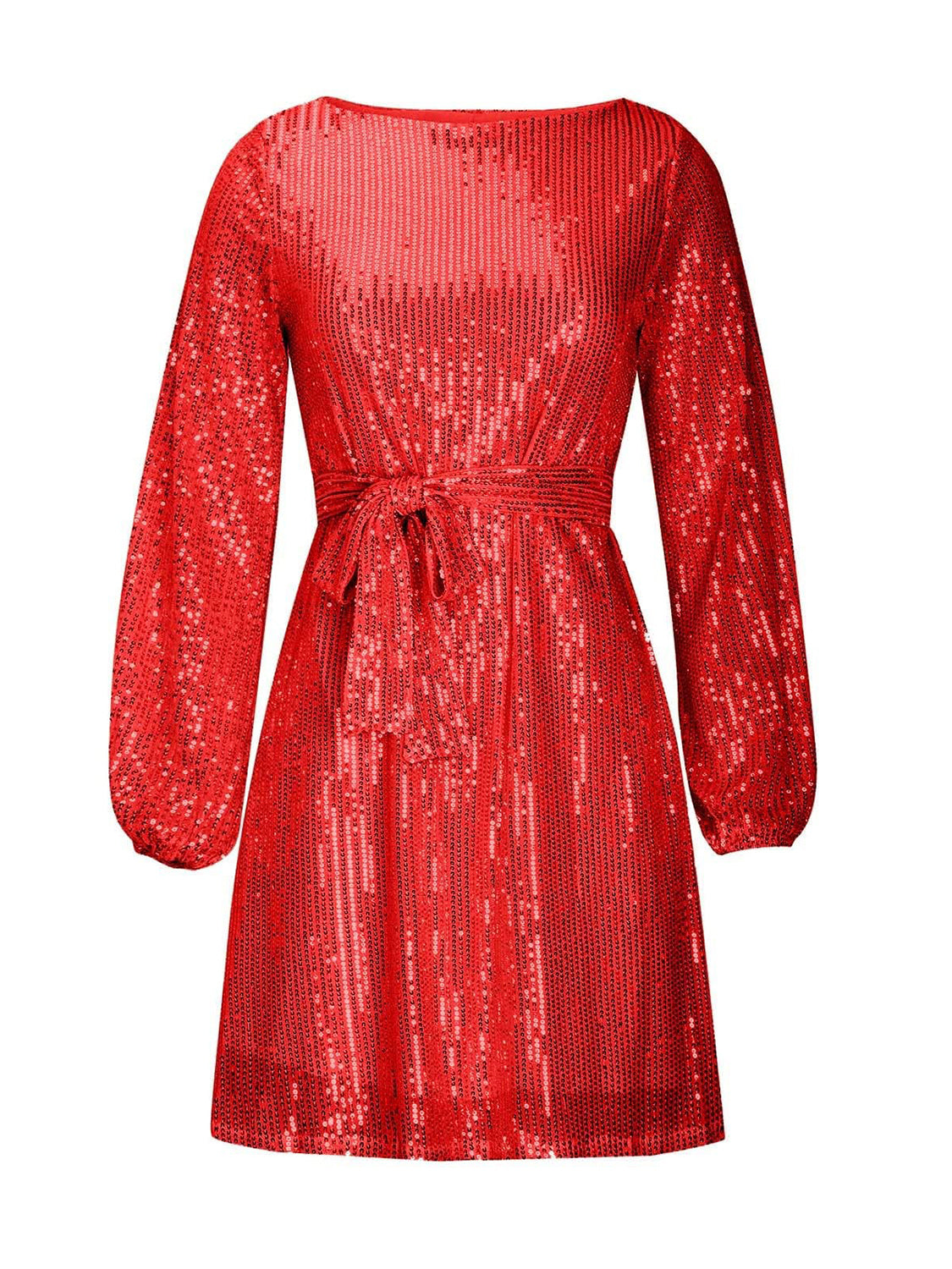 Sequin Tie Waist Long Sleeve Mini Dress