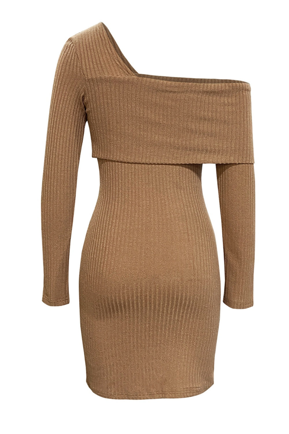 Asymmetrical Fold-Over Neck Ribbed Mini Dress