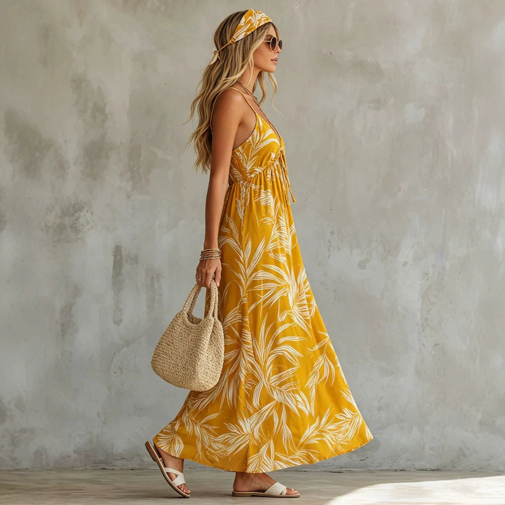 Summer New Vacation Style Printed V-Neck Strap Long Dress for Women Beach Dress