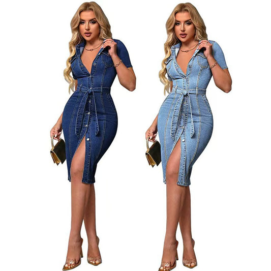 Denim Turn-down Collar Short Sleeve Fitted Fashion Dress