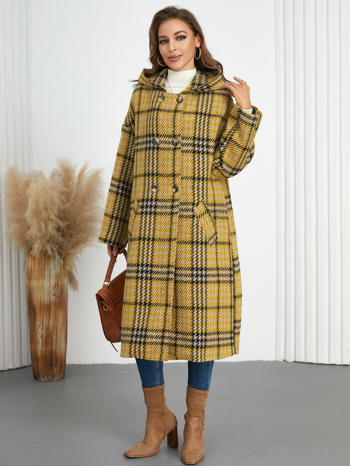 Plaid Double-Breasted Long Sleeve Longline Coat