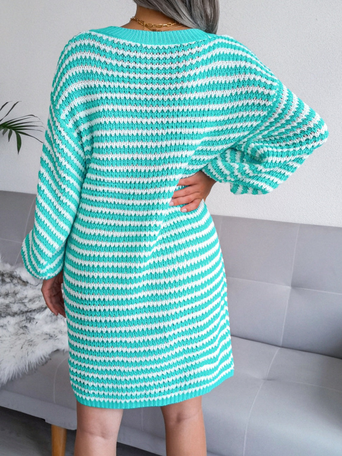 Striped V-Neck Long Sleeve Mini Sweater Dress