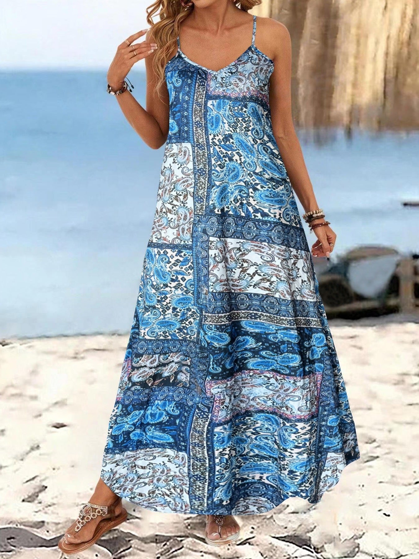 Spring Summer Women's Vacation Style Printed Casual V-Neck Strap Loose Dress