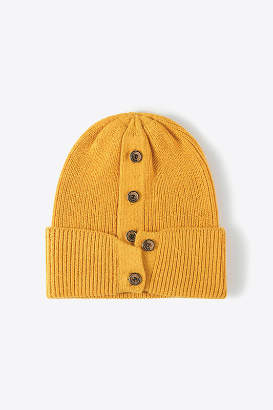 Button Detail Rib-Knit Cuff Beanie