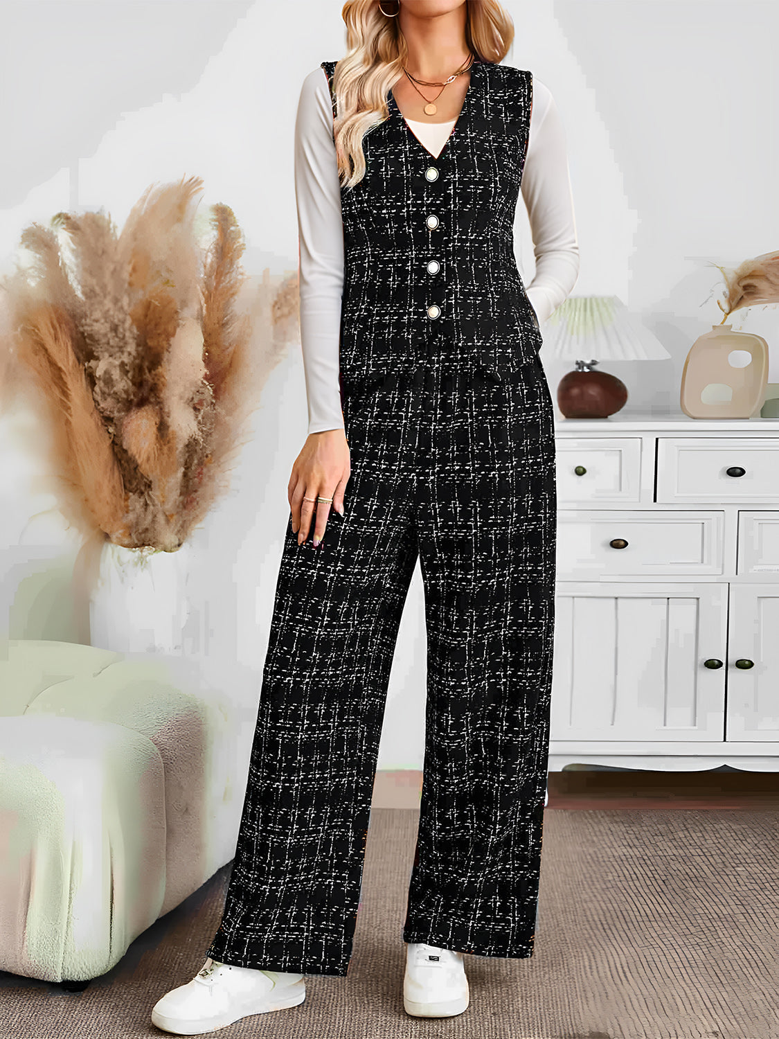 Plaid V-Neck Button Up Vest and Pants Set