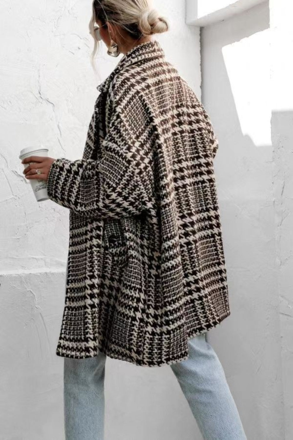 Houndstooth Collared Neck Long Sleeve Coat