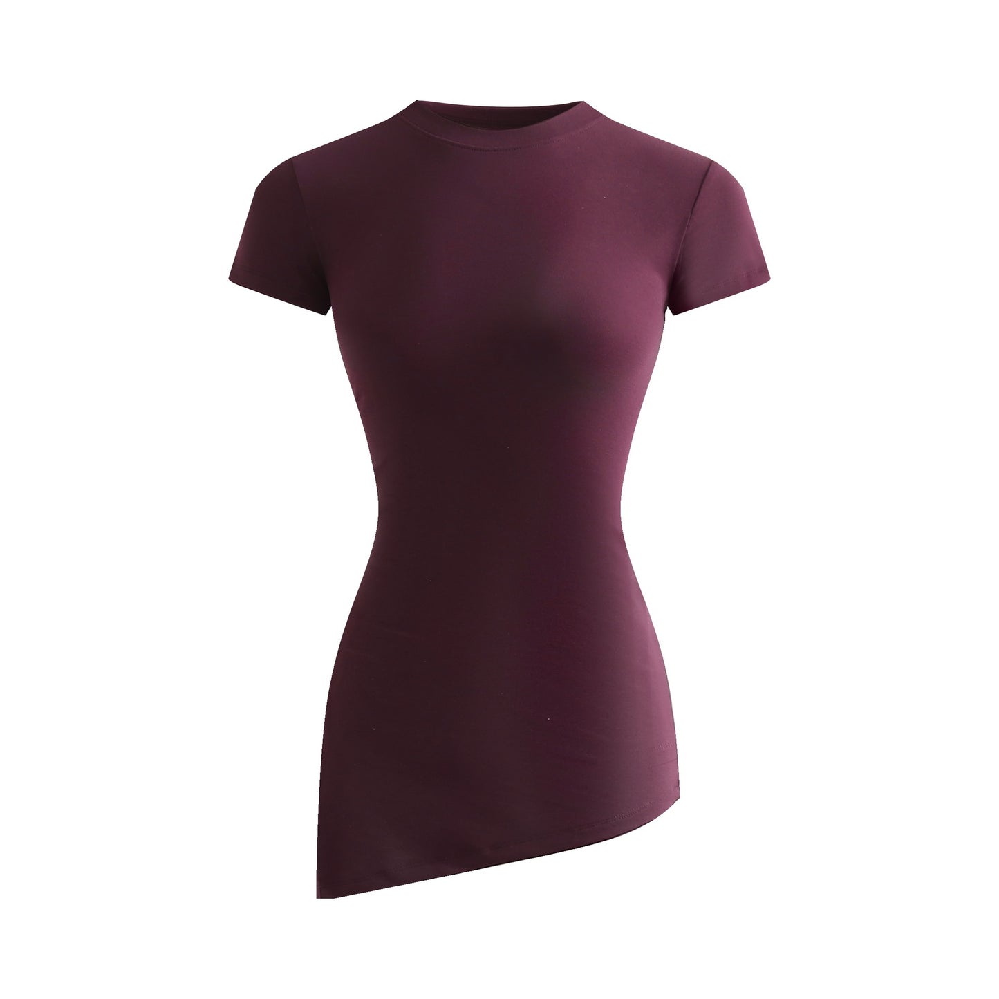 Slim-Fitting Versatile Knit Stretchy Fitted Slimming Short Sleeve Side-Slit Pleated Round Neck T-Shirt for Women