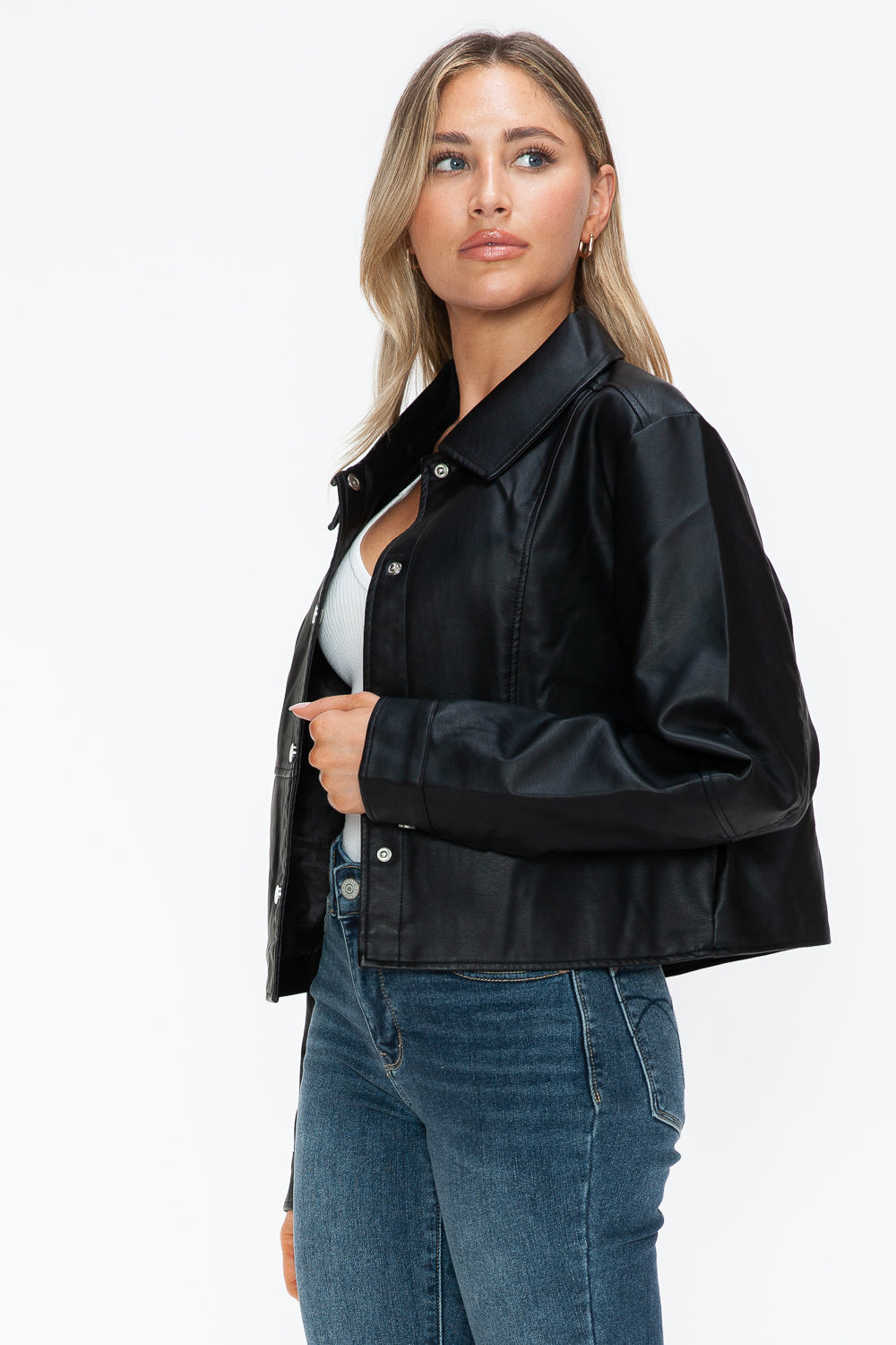 Snobbish Snap Down Long Sleeve PU Leather Jacket