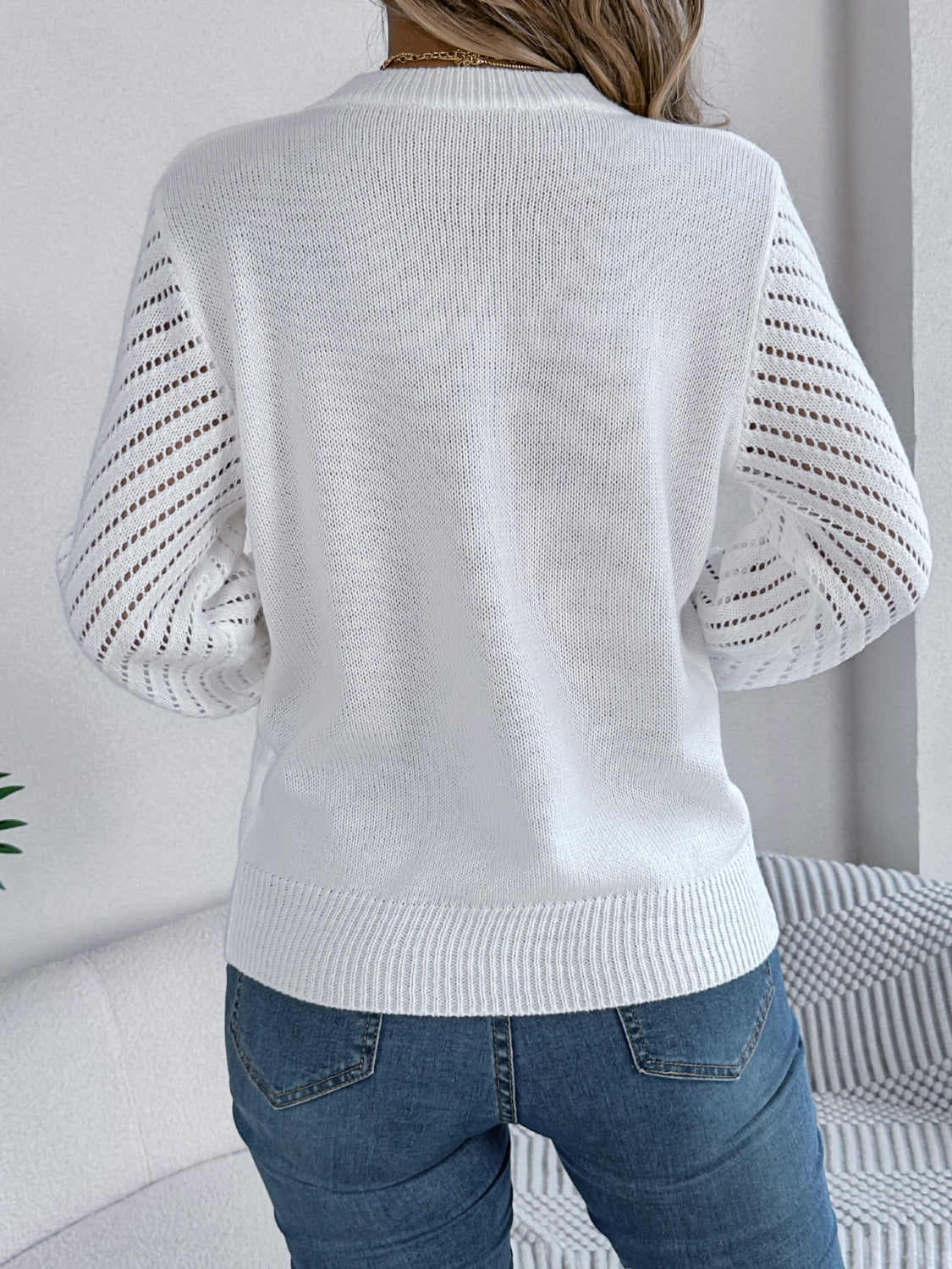 Openwork Round Neck Long Sleeve Knit Top