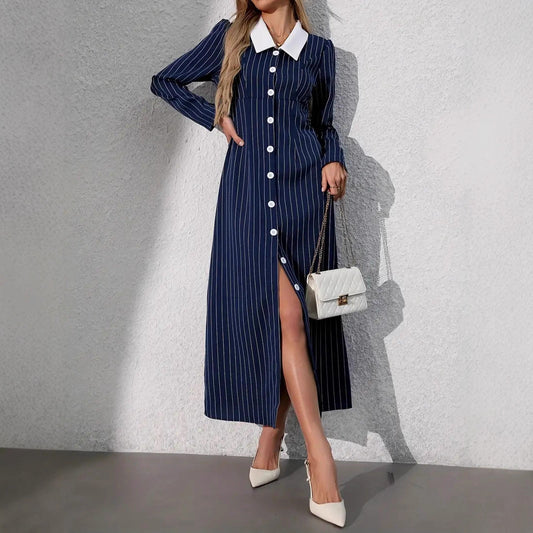 Striped Print Short Sleeve Buttoned Front Turn-down Collar A-line Dress