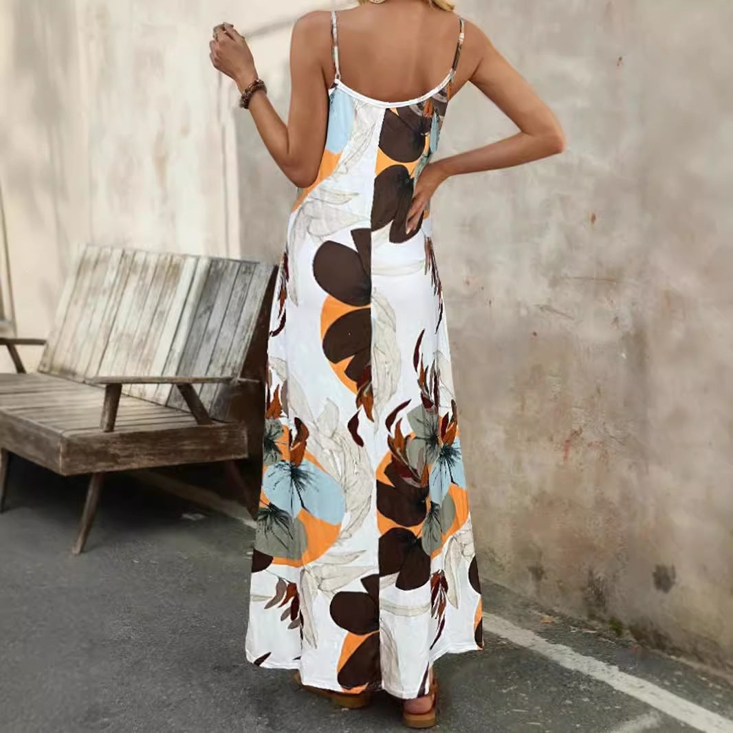Spring Summer Women's Vacation Style Printed Casual V-Neck Strap Loose Dress