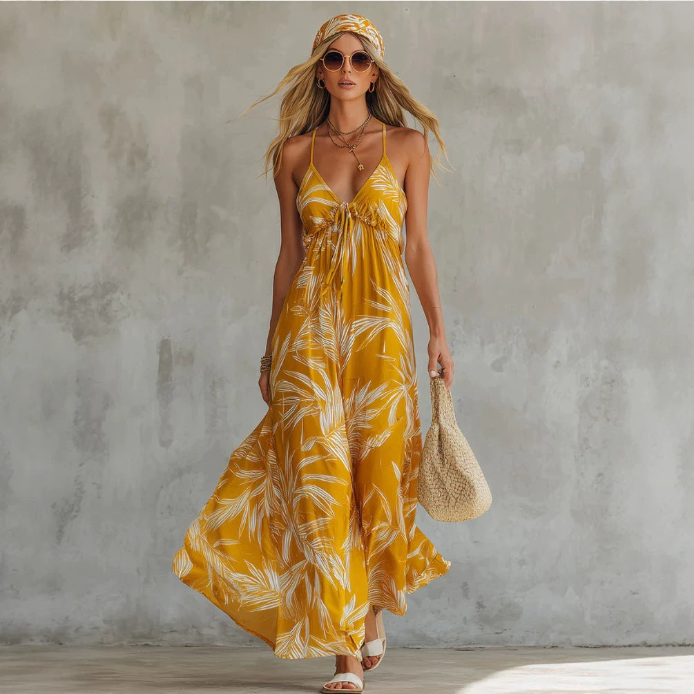 Summer New Vacation Style Printed V-Neck Strap Long Dress for Women Beach Dress