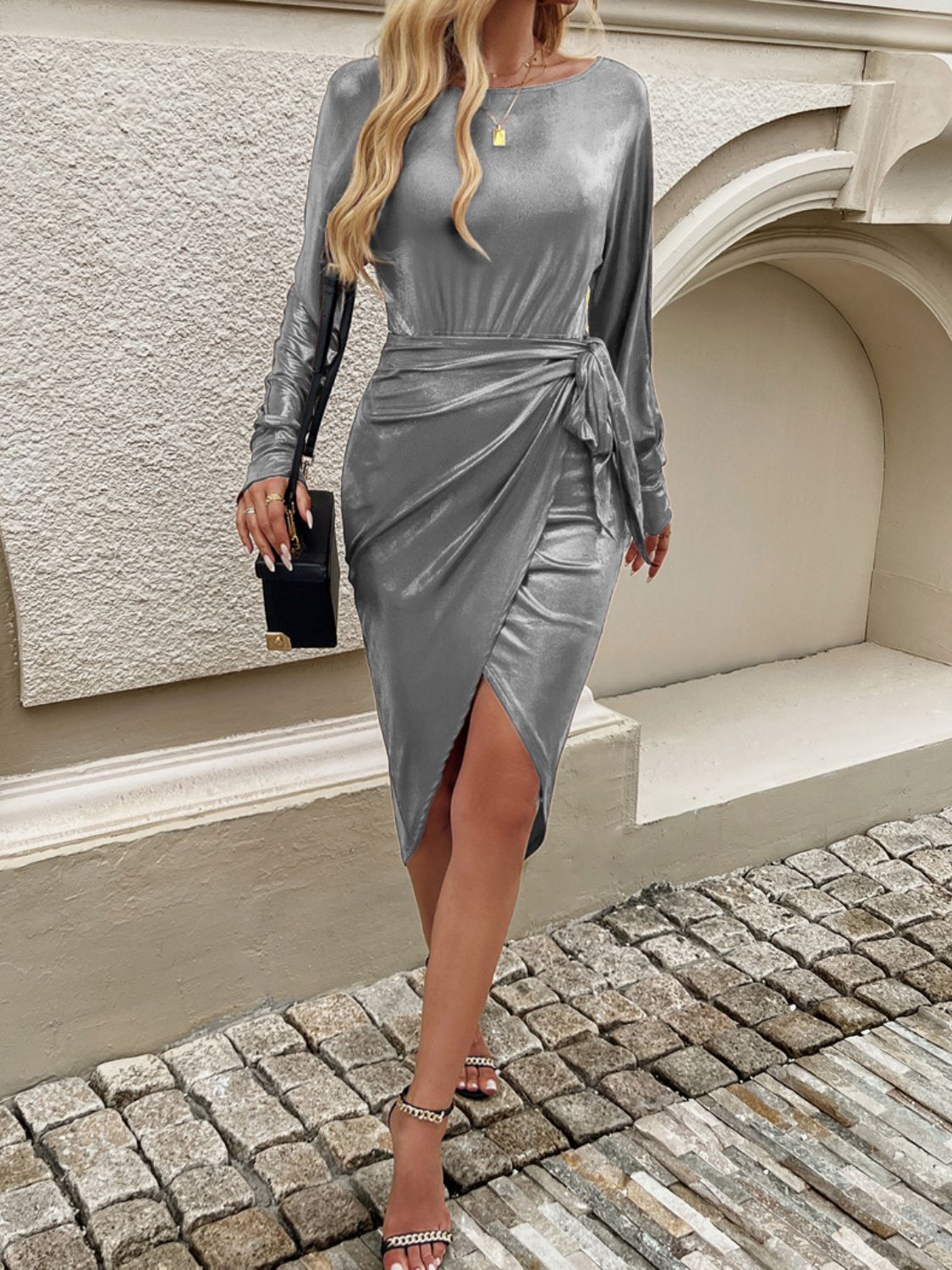 Devine Tied Boat Neck Long Sleeve Dress