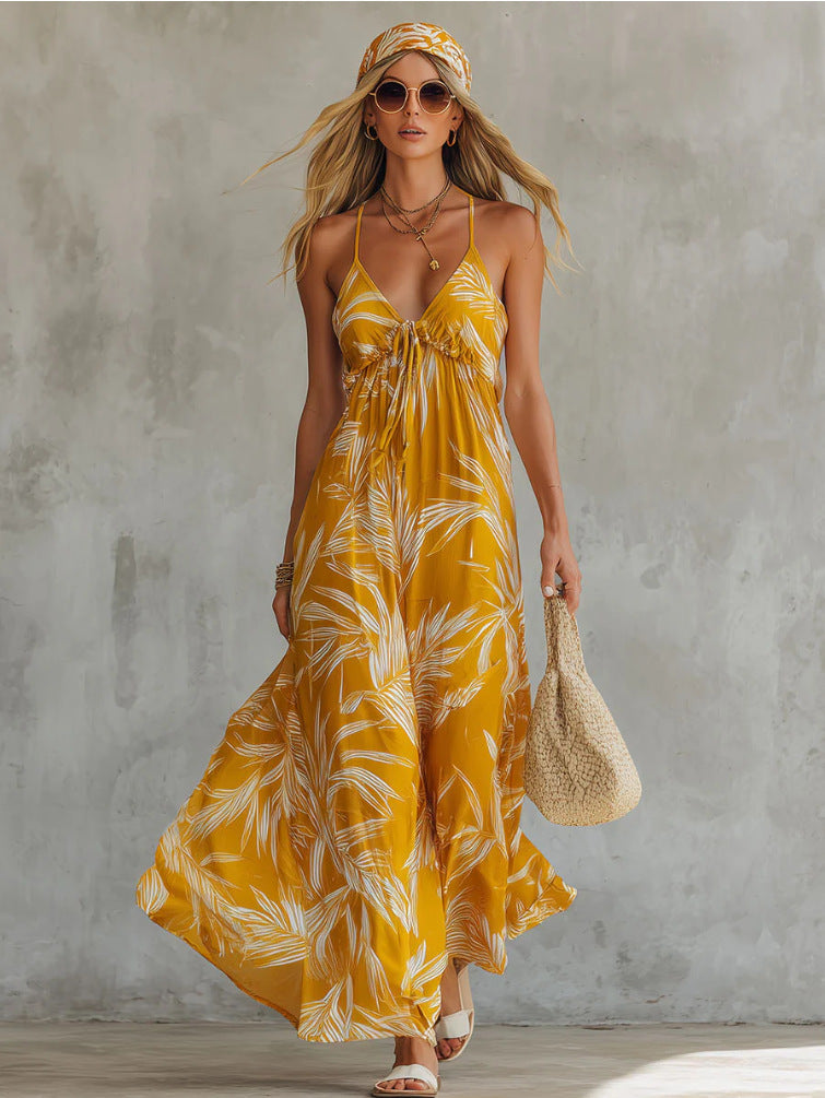 Summer New Vacation Style Printed V-Neck Strap Long Dress for Women Beach Dress