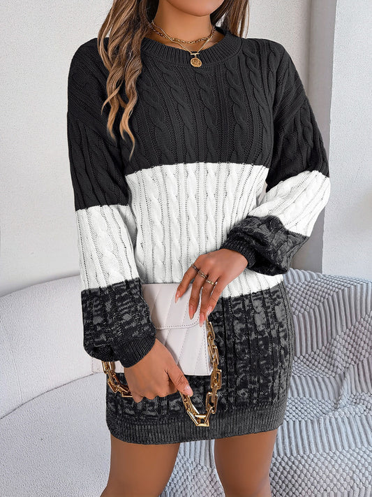 Cable-Knit Round Neck Color Block Sweater Dress - Dash Trend 