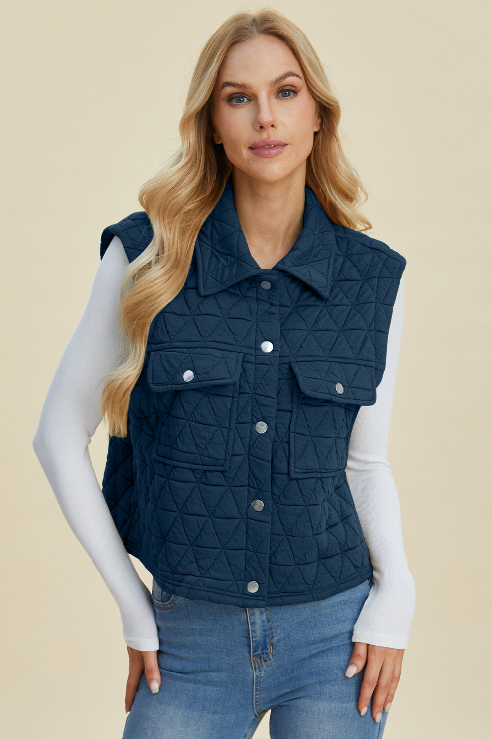 Double Take Full Size Pocketed Texture Snap Down Vest Coat - Dash Trend 