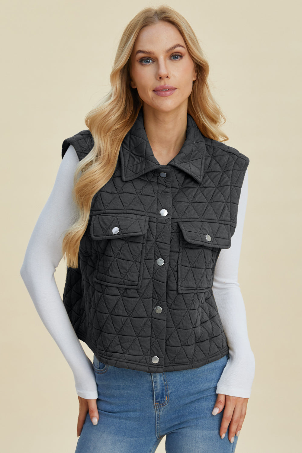 Double Take Full Size Pocketed Texture Snap Down Vest Coat - Dash Trend 