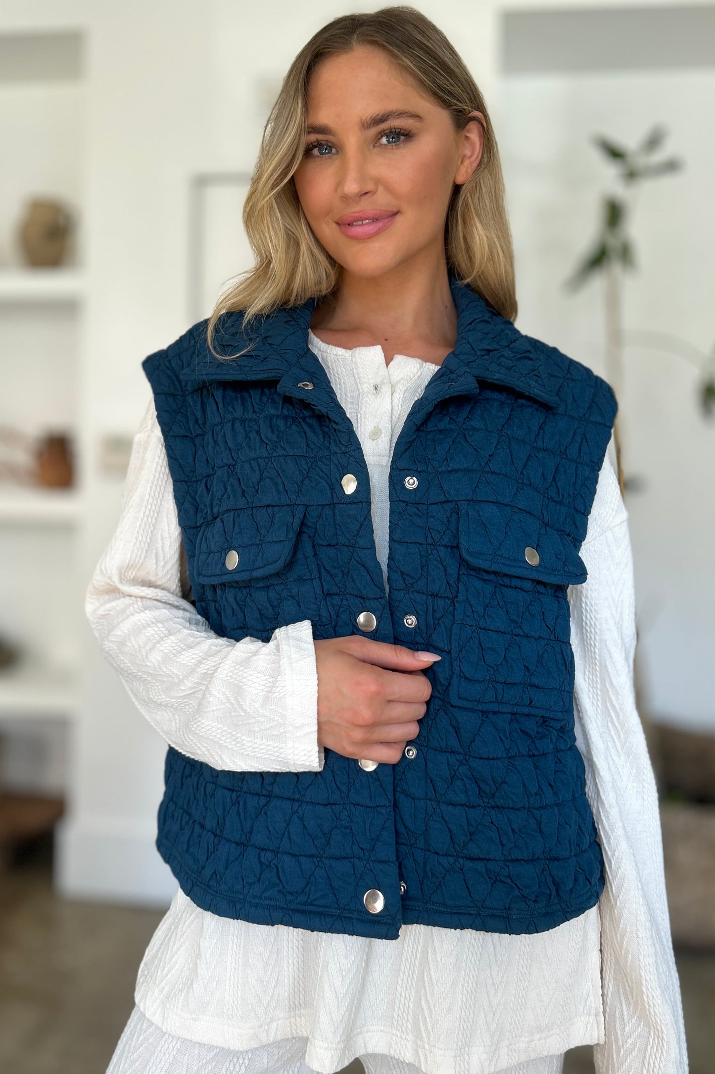 Double Take Full Size Pocketed Texture Snap Down Vest Coat - Dash Trend 