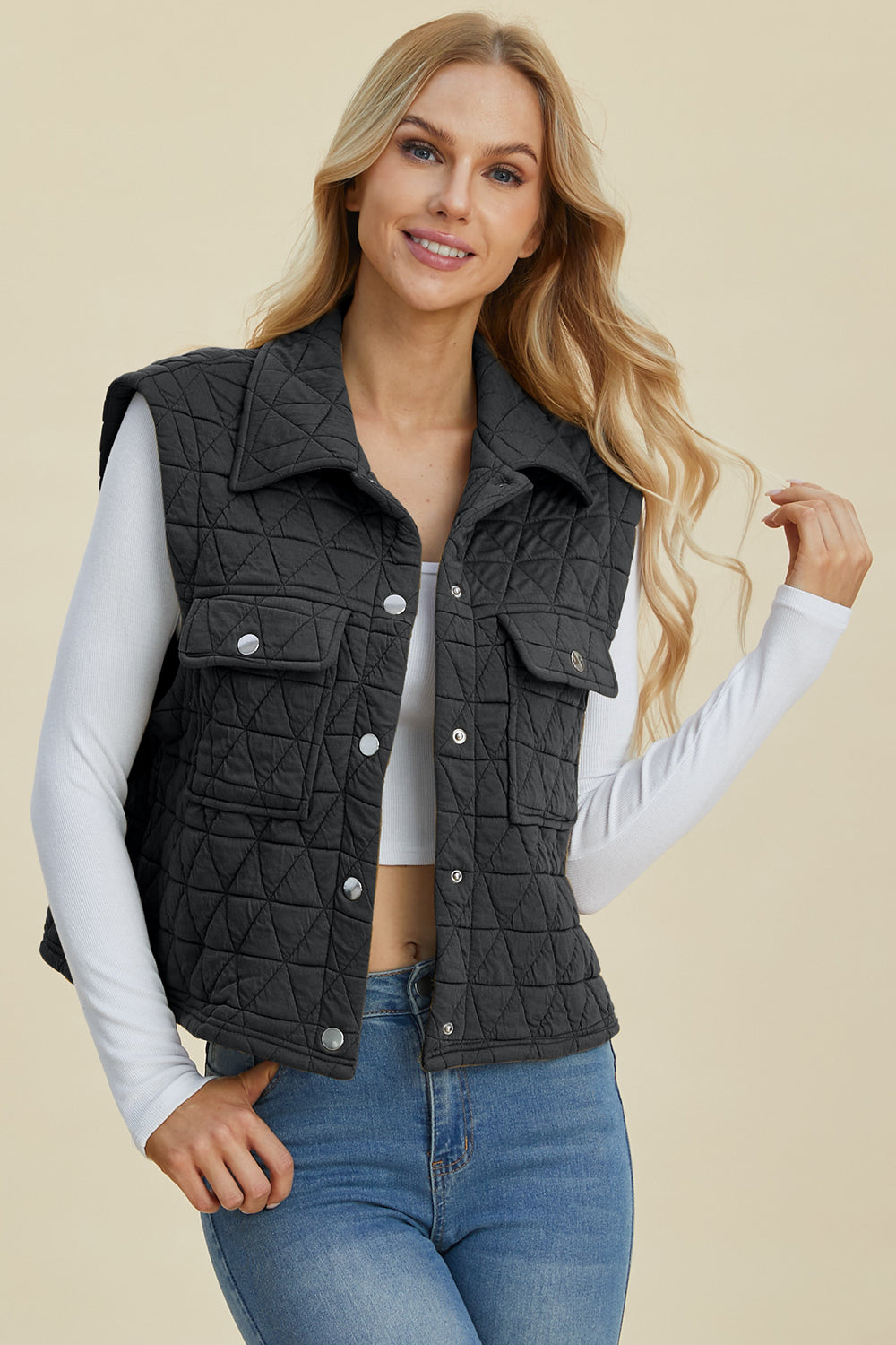 Double Take Full Size Pocketed Texture Snap Down Vest Coat - Dash Trend 