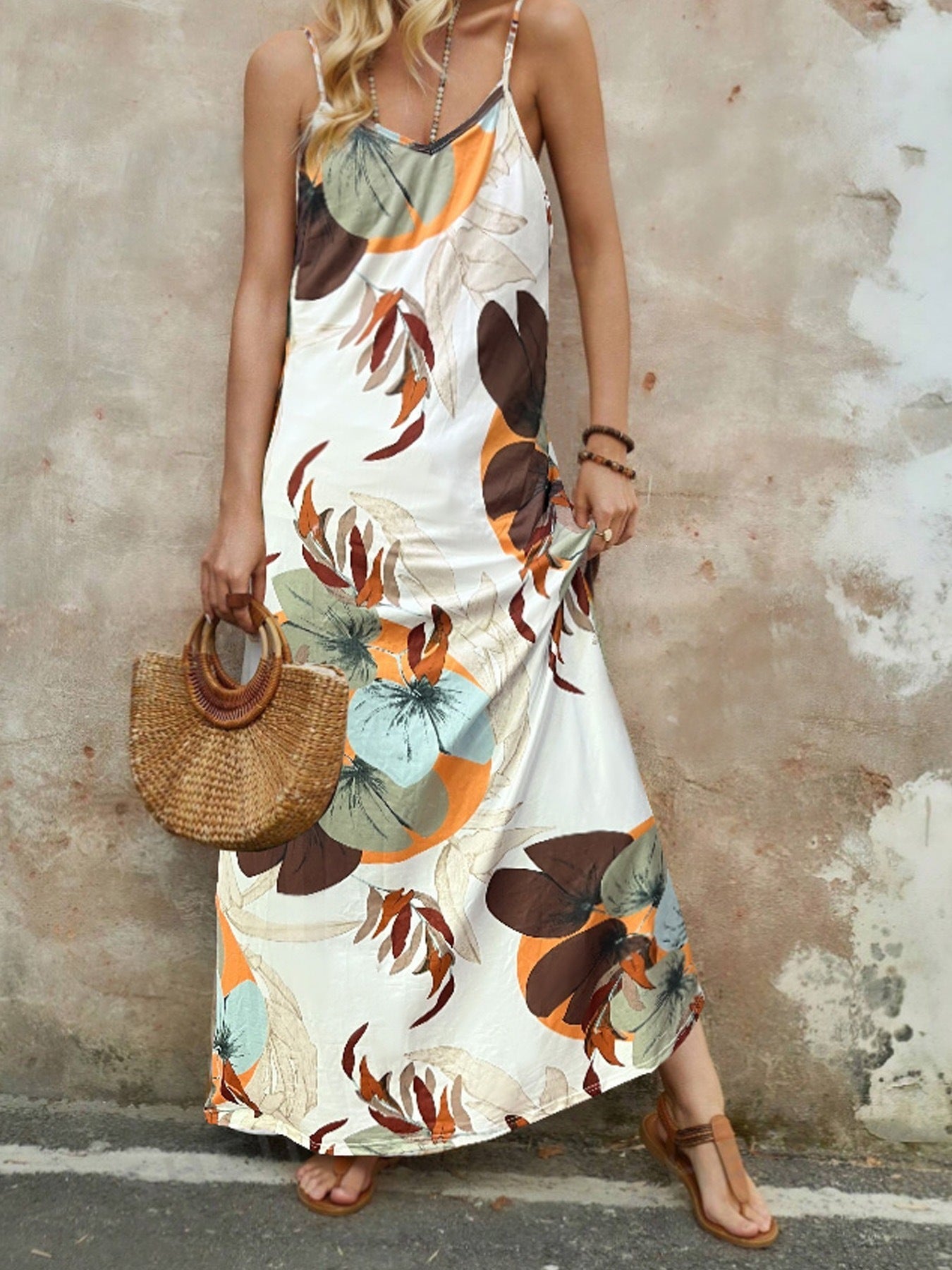 Spring Summer Women's Vacation Style Printed Casual V-Neck Strap Loose Dress