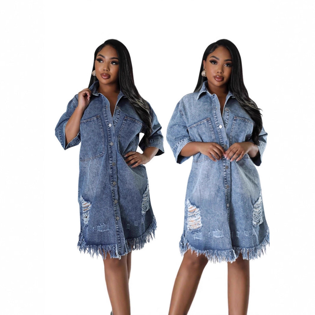 Fashionable Denim Jacket for Women with Ripped Fringe Short Sleeve Turn-Down Collar