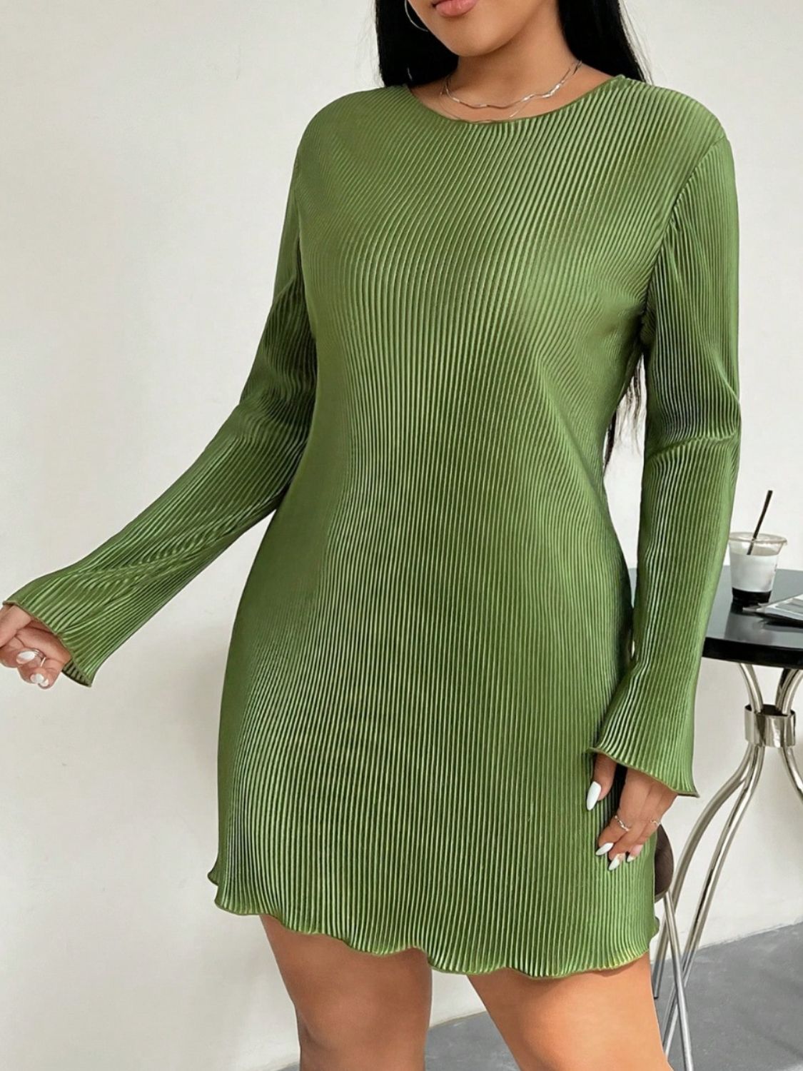 Honey Plus Size Lettuce Hem Round Neck Long Sleeve Dress - Dash Trend 