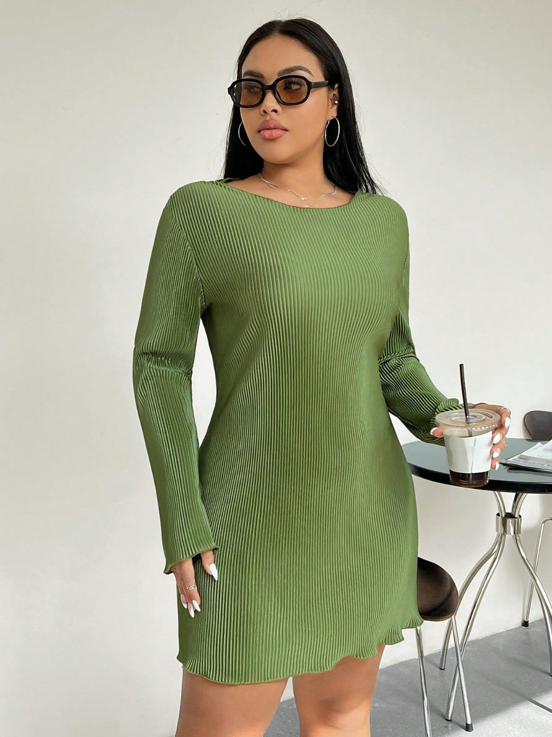 Honey Plus Size Lettuce Hem Round Neck Long Sleeve Dress - Dash Trend 