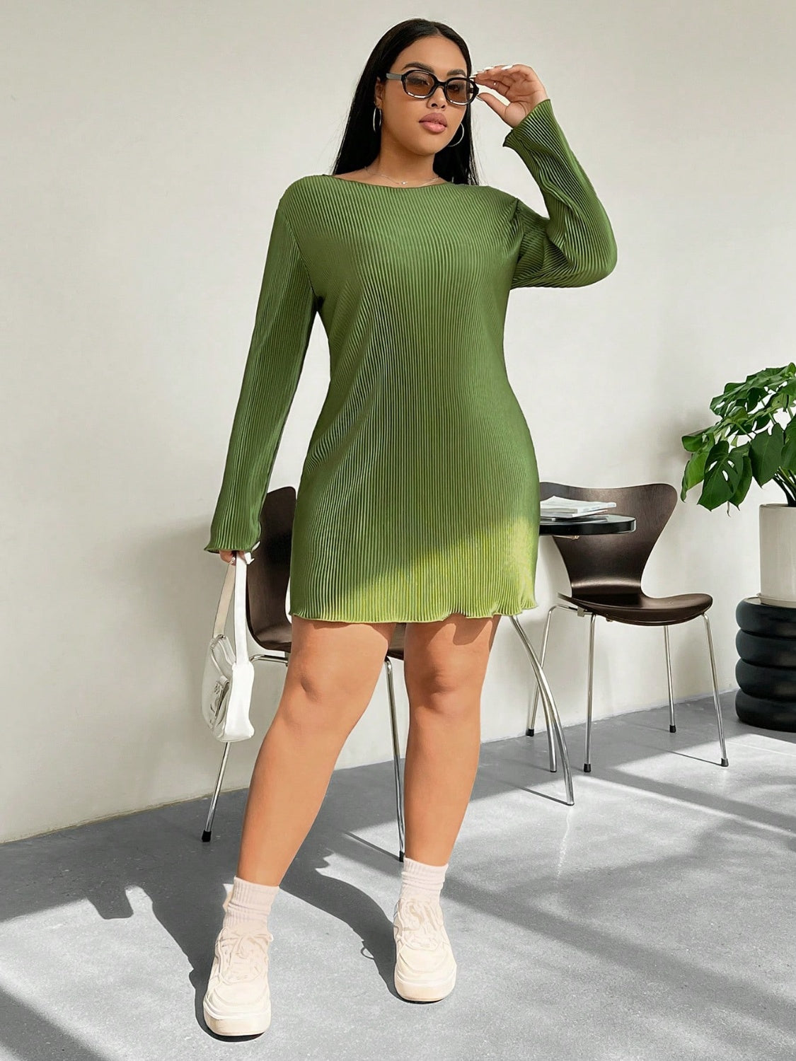 Honey Plus Size Lettuce Hem Round Neck Long Sleeve Dress - Dash Trend 