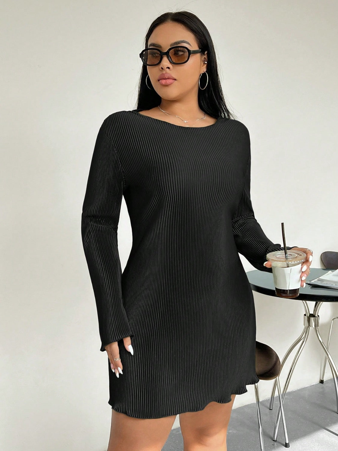 Honey Plus Size Lettuce Hem Round Neck Long Sleeve Dress - Dash Trend 