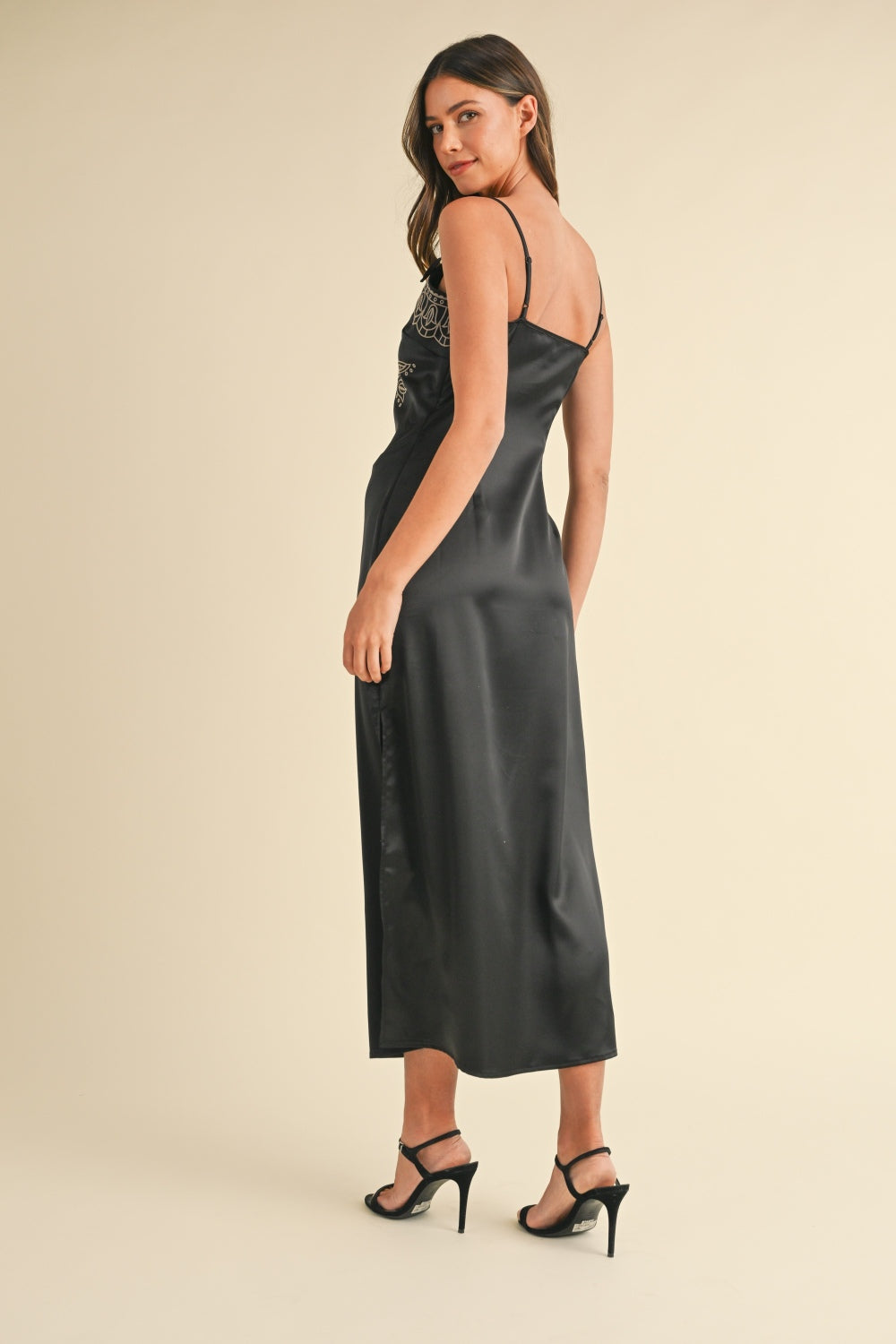 Mable Embroidered Cami Satin Midi Slit Dress - Dash Trend 