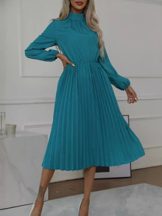 Mock Neck Long Sleeve Pleated Dress - Dash Trend 