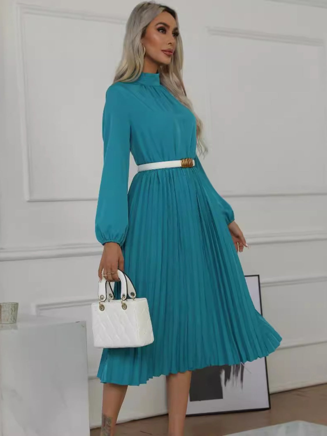 Mock Neck Long Sleeve Pleated Dress - Dash Trend 