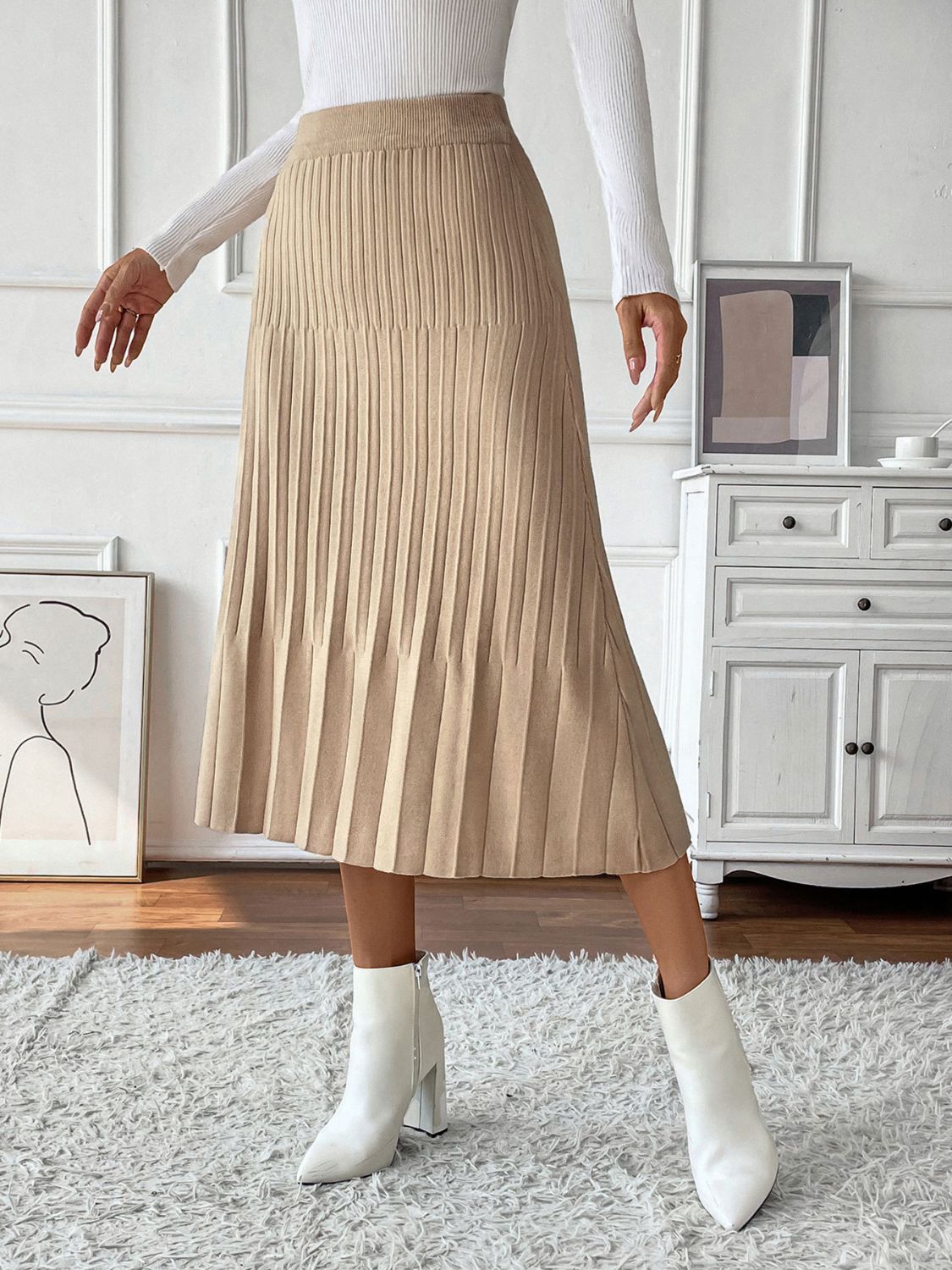 Perfee Pleated Midi Sweater Skirt - Dash Trend 