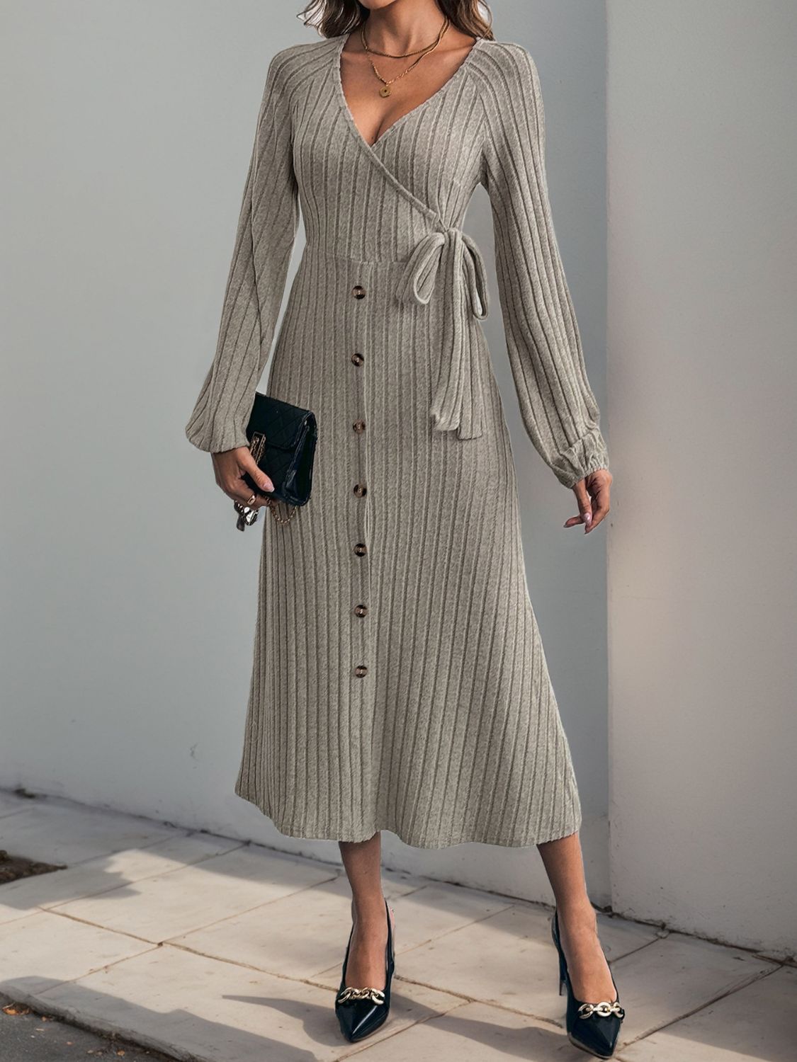 Perfee Ribbed Tied Surplice Long Sleeve Dress - Dash Trend 