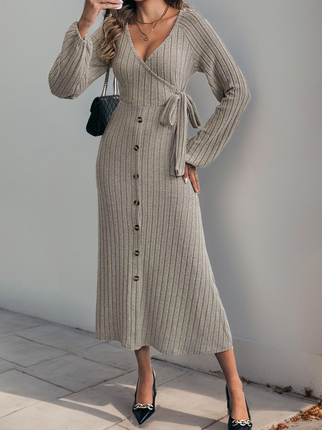 Perfee Ribbed Tied Surplice Long Sleeve Dress - Dash Trend 