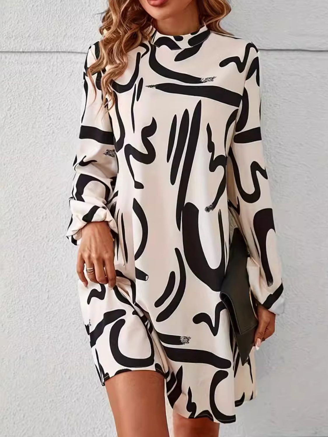 Printed Mock Neck Long Sleeve Mini Dress - Dash Trend 