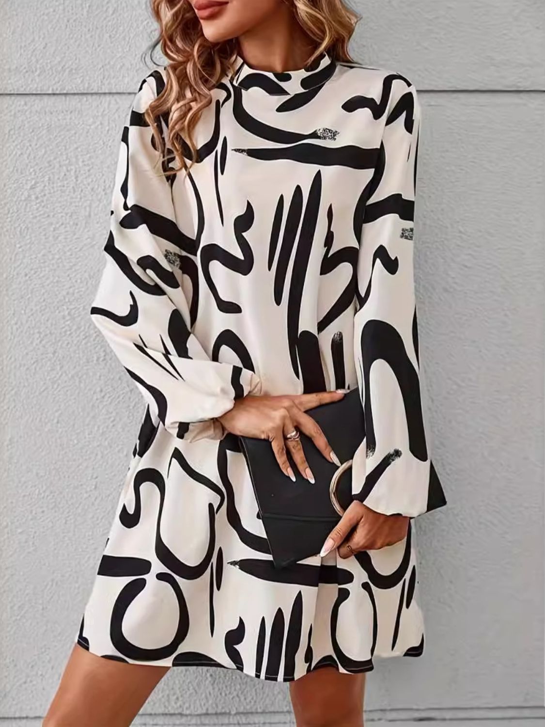 Printed Mock Neck Long Sleeve Mini Dress - Dash Trend 