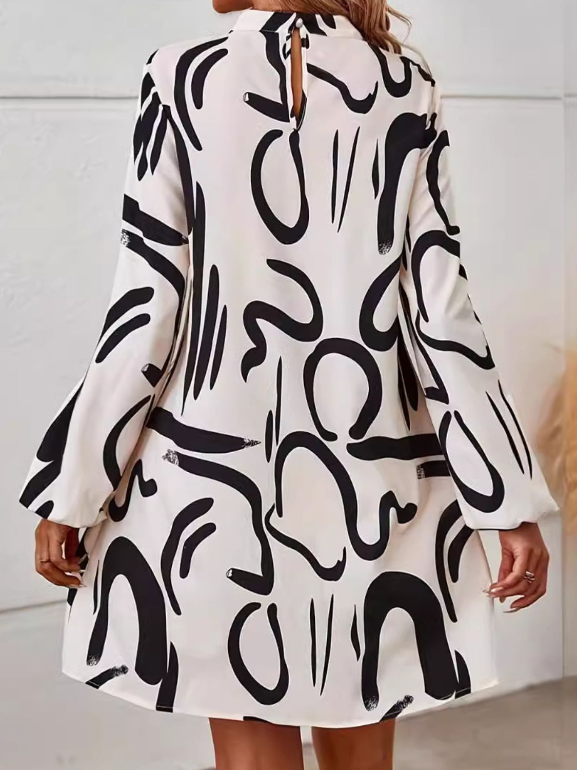 Printed Mock Neck Long Sleeve Mini Dress - Dash Trend 