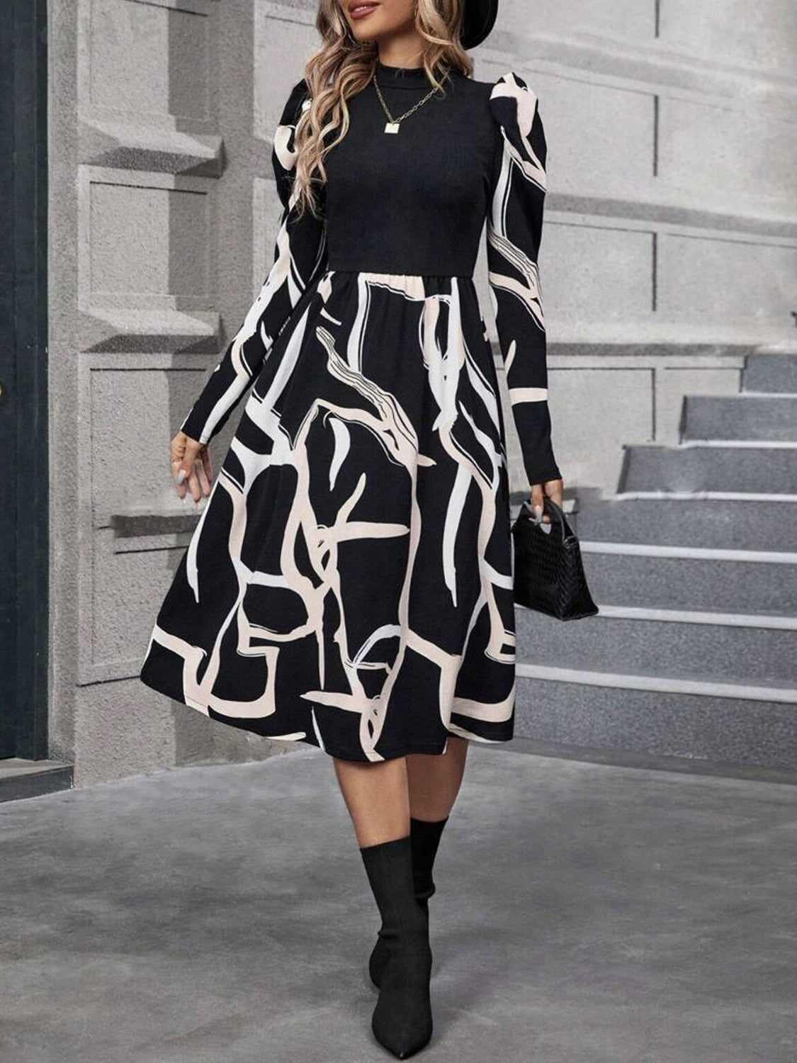 Printed Mock Neck Puff Sleeve Mini Dress - Dash Trend 