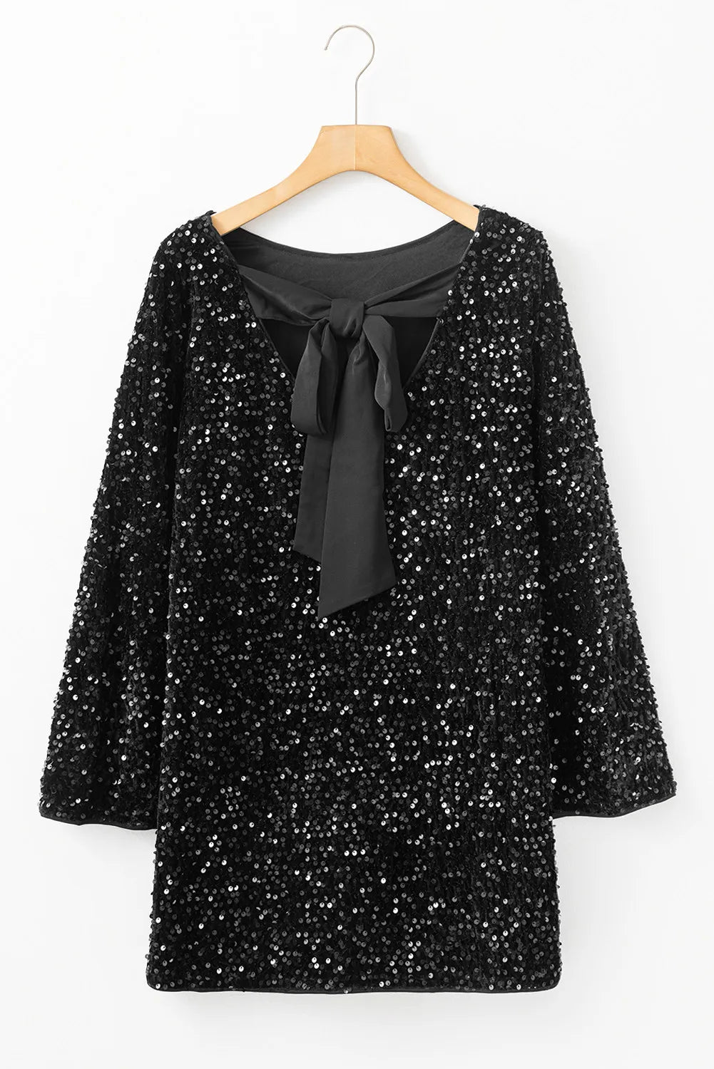 Sequin Round Neck Long Sleeve Mini Dress - Dash Trend 