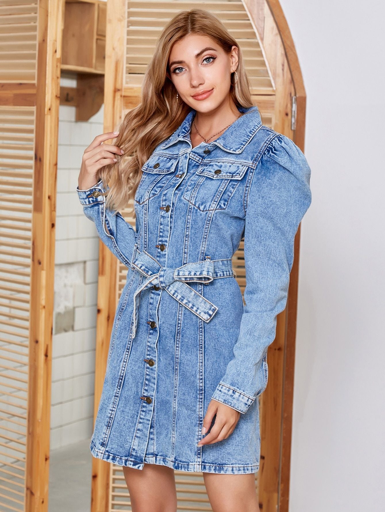 Tied Button Up Collared Neck Denim Dress - Dash Trend 