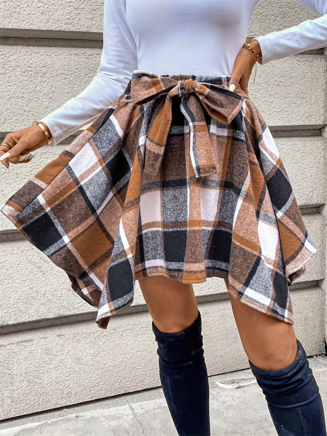 Tied Plaid Asymmetrical Hem Skirt - Dash Trend 