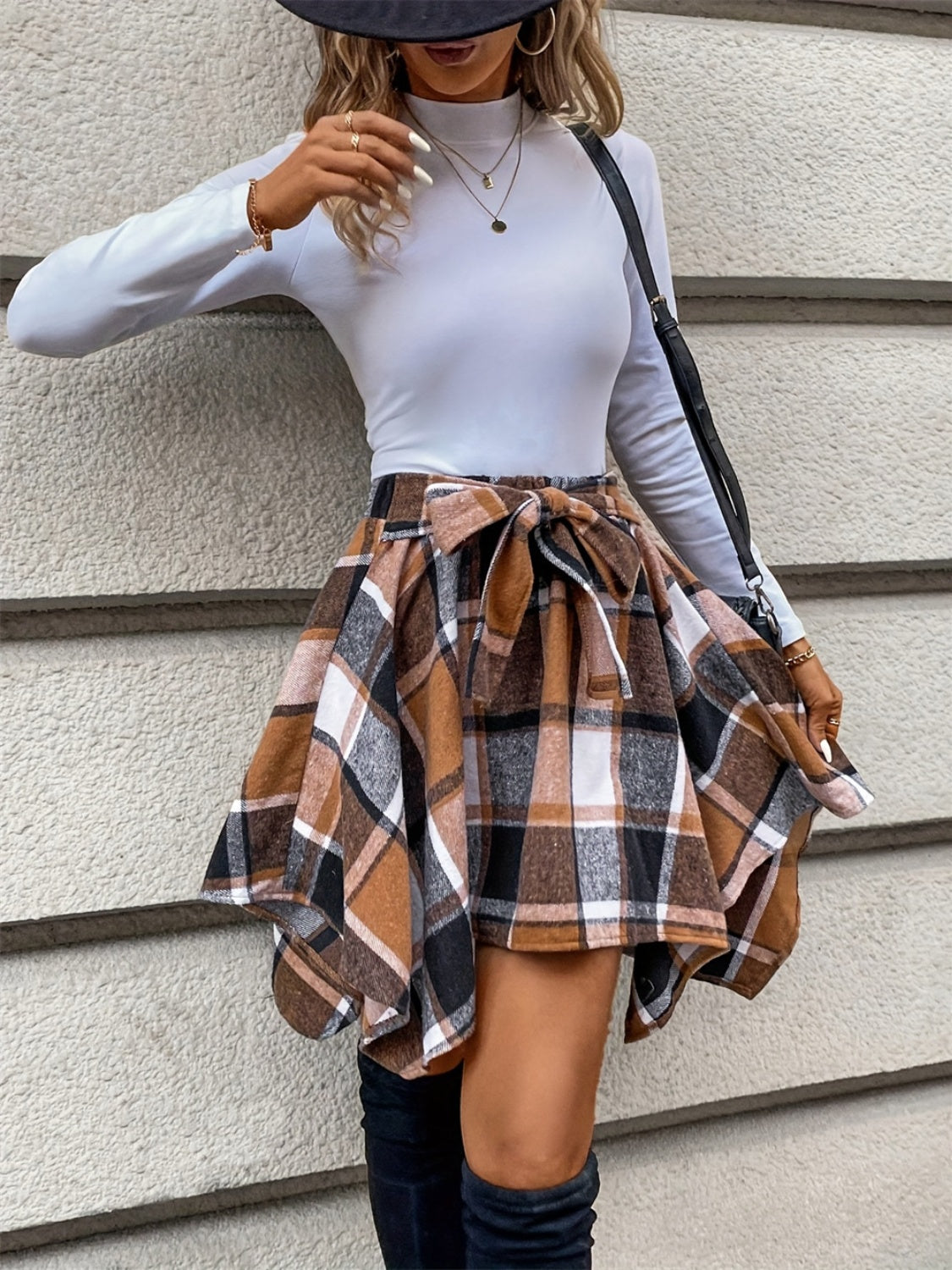 Tied Plaid Asymmetrical Hem Skirt - Dash Trend 