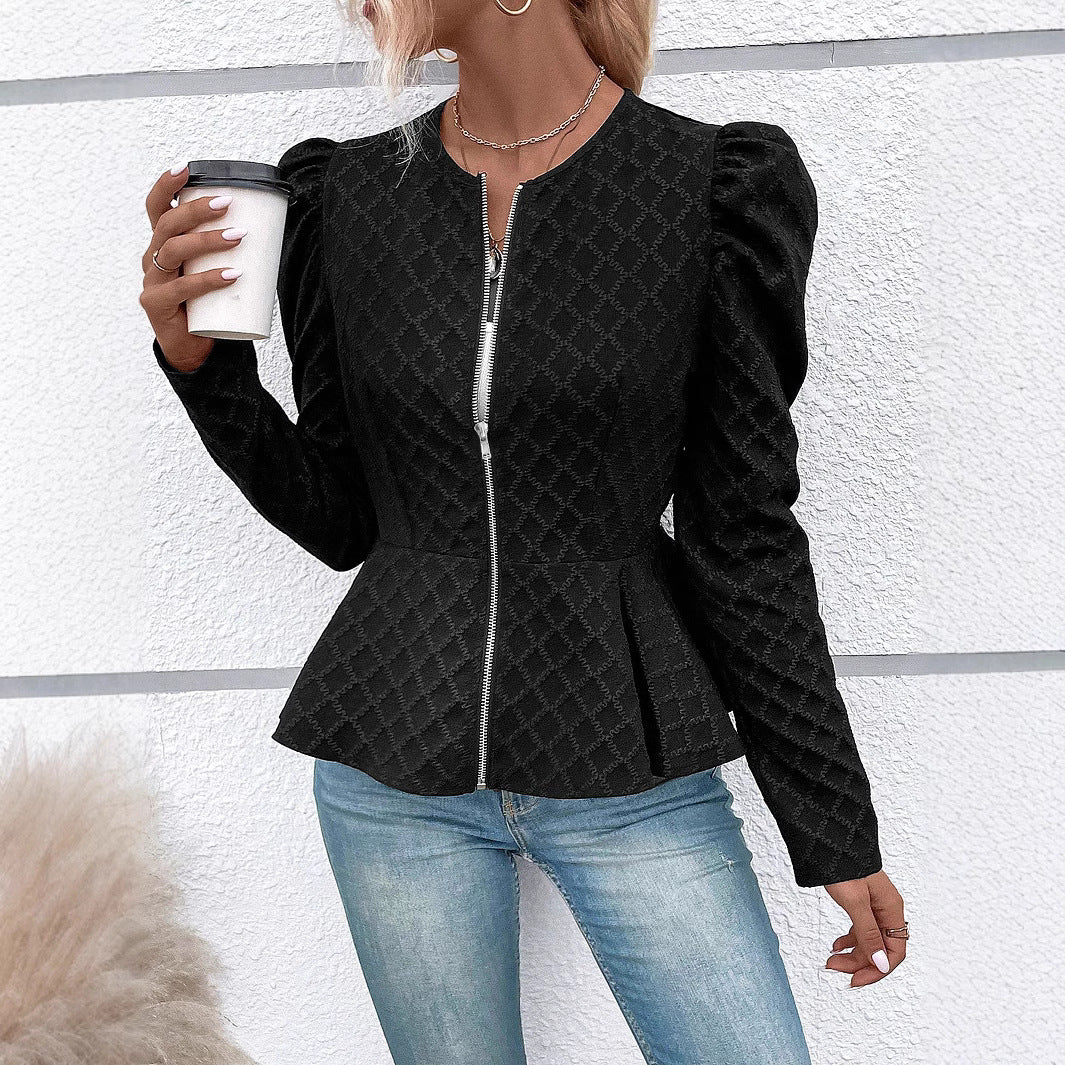 Zip Up Puff Sleeve Jacket - Dash Trend 