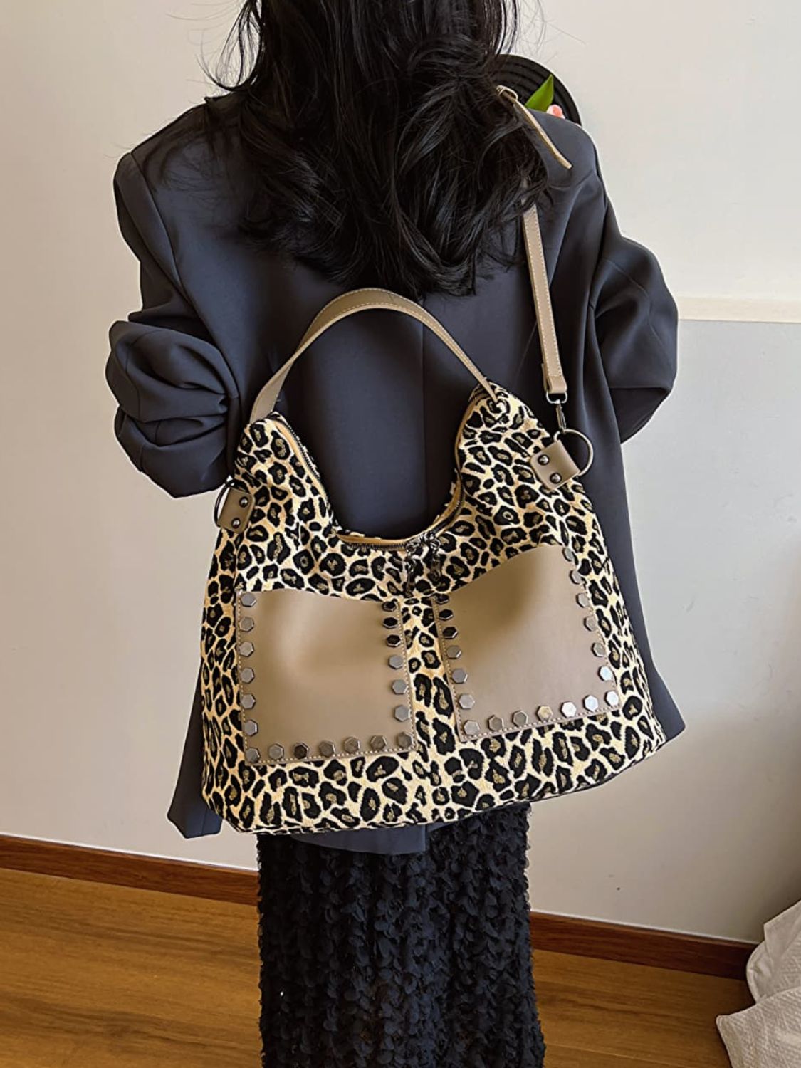 Leopard Polyester Shoulder Bag with Zippers