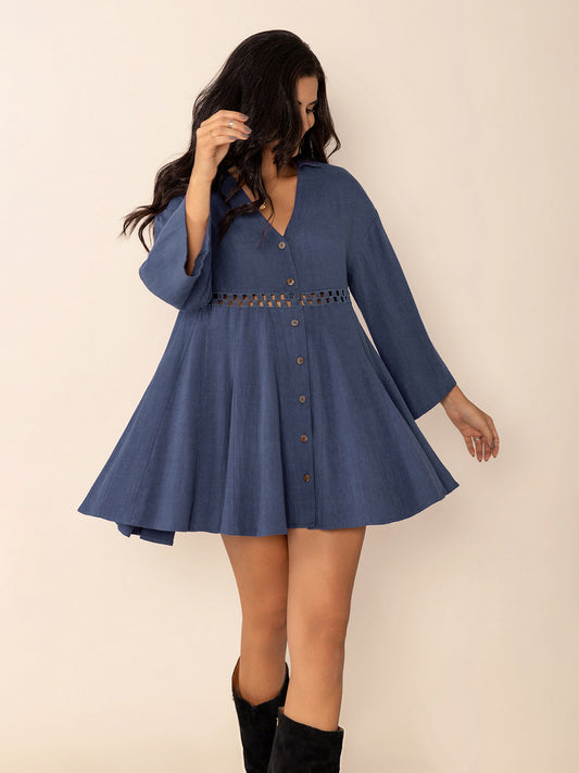 Cutout Johnny Collar Long Sleeve Mini Dress