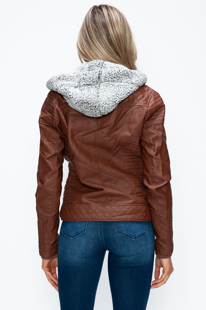 YMI Faux Layered Double-Zipper Jacket with Fuzzy Hood